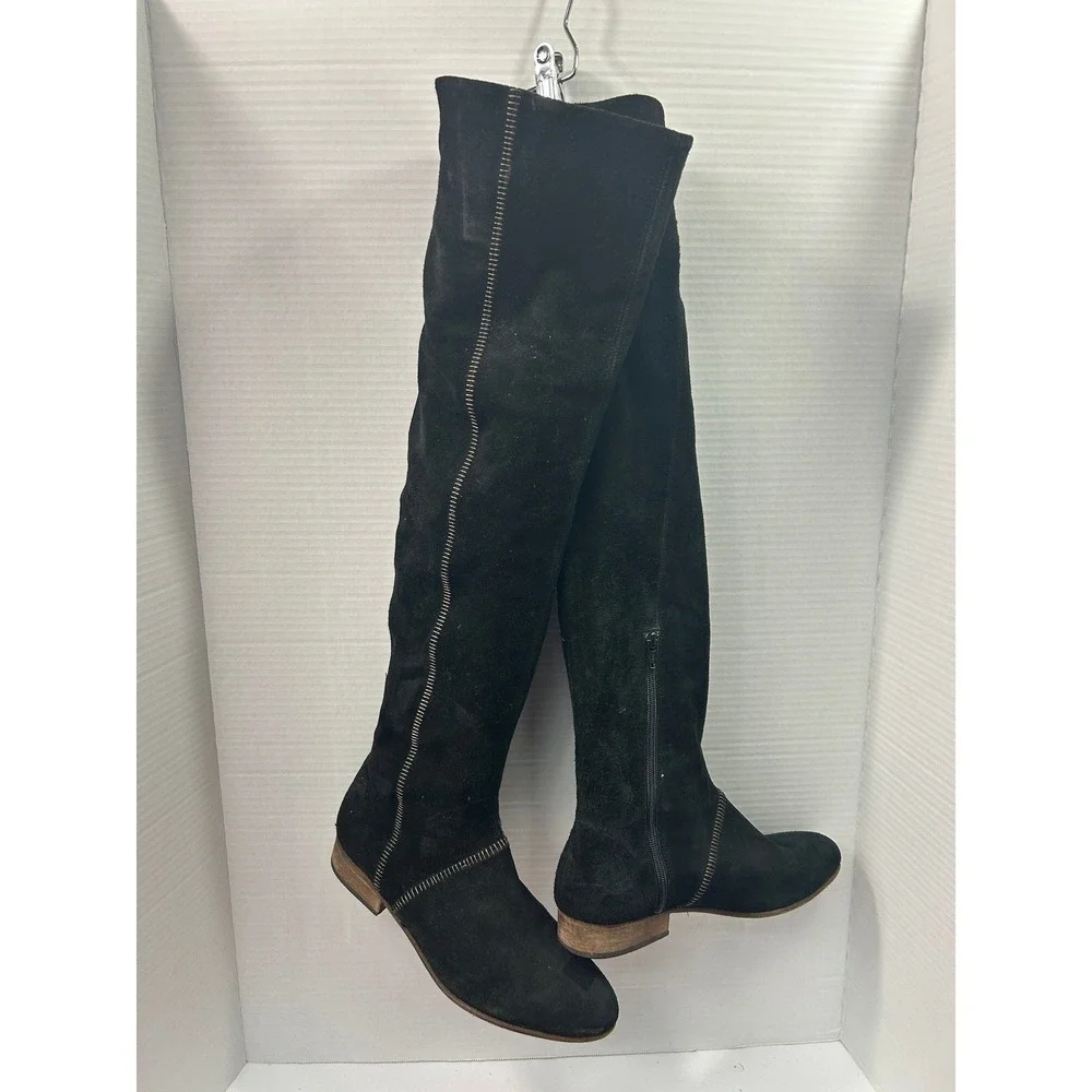 Free People Suede Over The Knee Boots 39 Black Zipper Detail Boho Indie Grunge